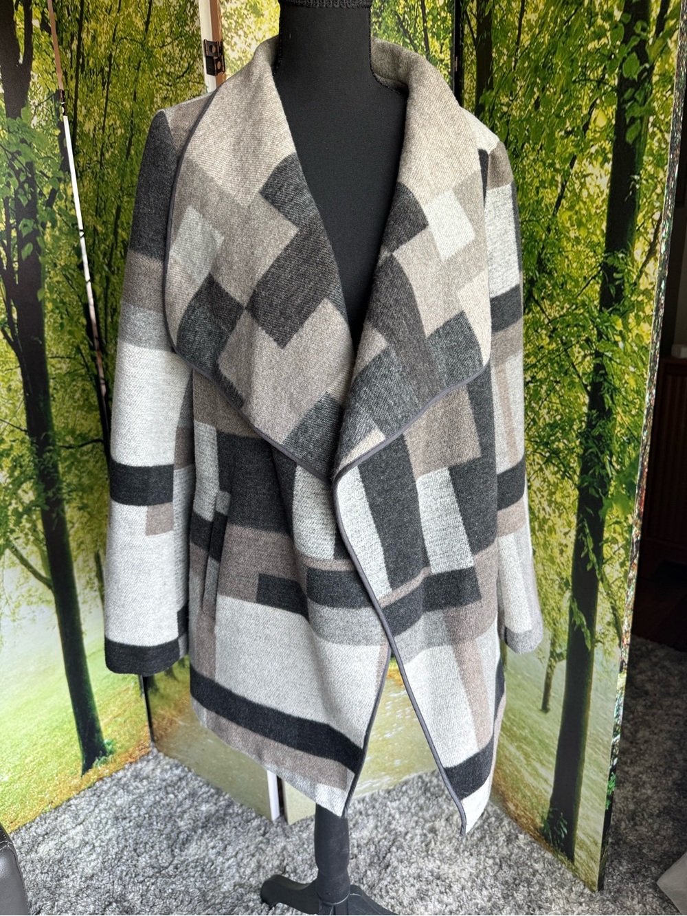 French Connection L Gray Plaid Wool Blend Waterfall Blanket Coat Jacket